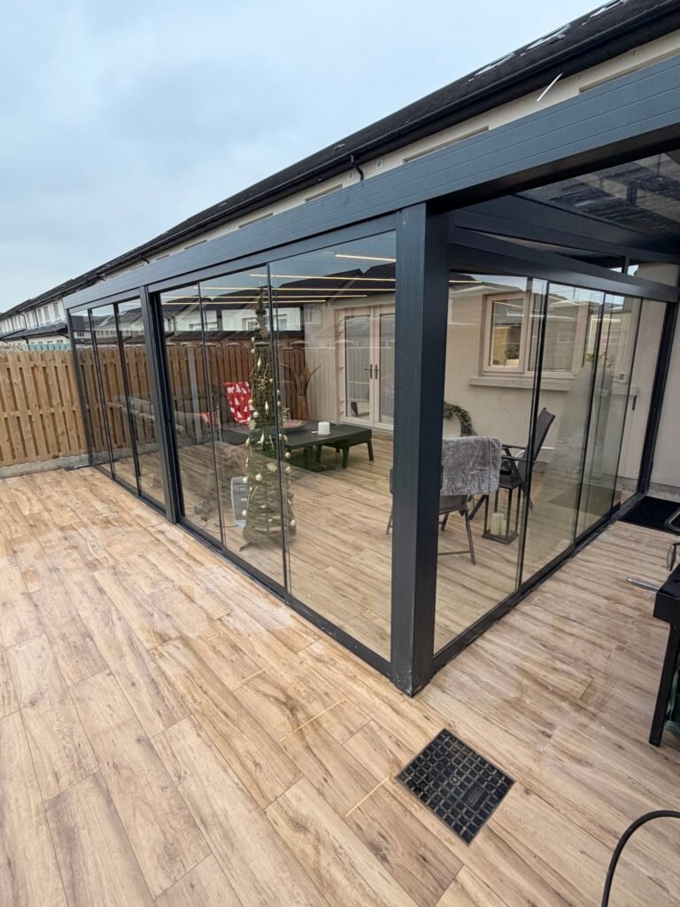 Pergola veranda glass roof seen from the patio