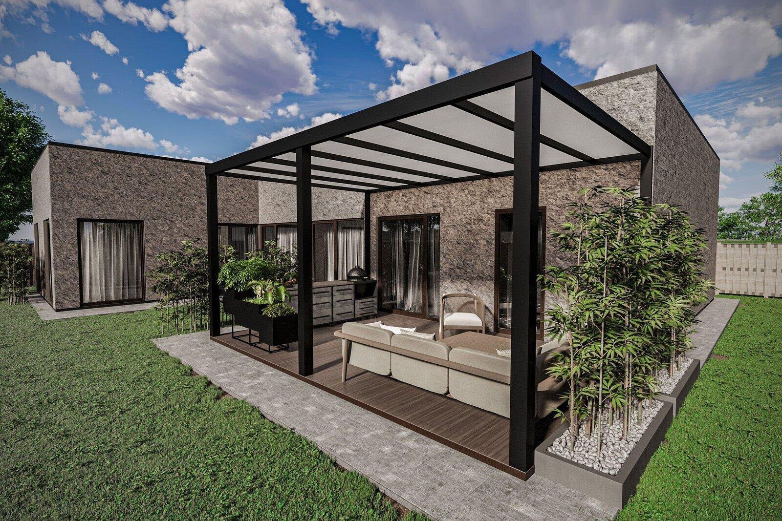 Visualisation of a LENO aluminium pergola in a landscaped garden